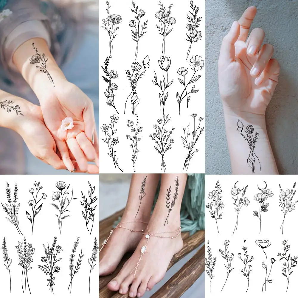 15 Sheets Black Tiny Lavender Branch Temporary Tattoos For Women Girl, Small Flowers Bouquet Fake Tattoo Stickers Adults Hands