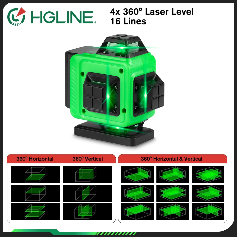 HGLINE Mini 4D/3D 16/12 Lines Laser Level Cordless 4x360° Cross Self-Leveling Measurement Construction Tool With 2pcs Batteries