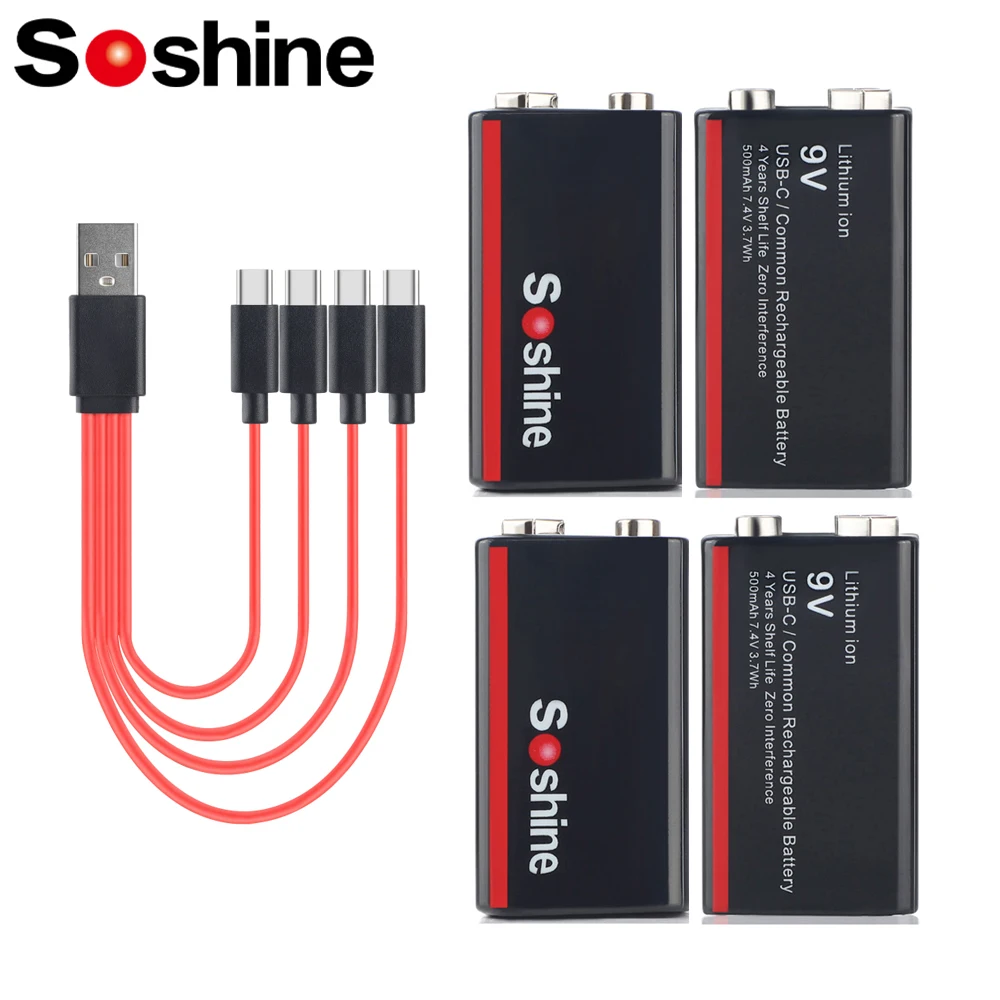 

Soshine 9V 500mAh Low Self-discharge Battery 9 Volt 500mAh Li-ion Rechargeable Batteries with 4-in-1 USB Cable 4-Year Shelf Life