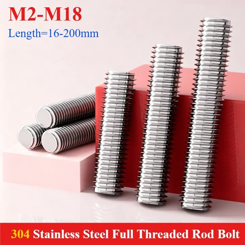 304 Stainless Steel Full Threaded Rod Bolt M3 M4 M5 M6 M8-M18 Length 16-300mm Fully Metric Headless Bolt Thread Stud Rods Screws