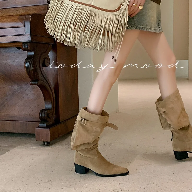 2026 new autumn winter women knee-high boots 22-25cm flannel+microfiber+pigskin/plush square toe buckle women long boots fashion