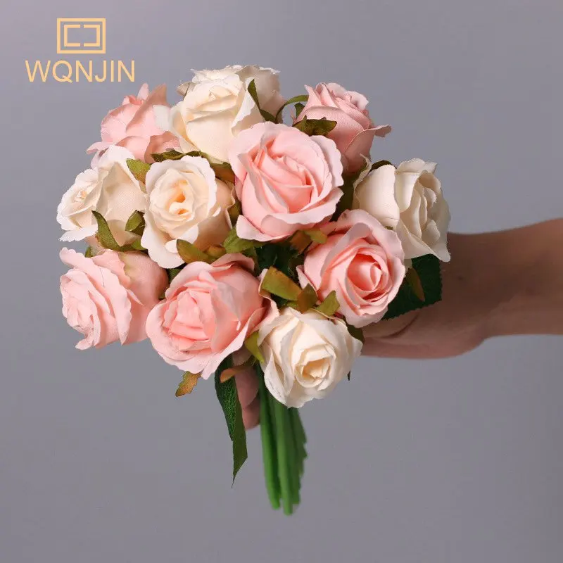 WQNJIN 12 Heads Artificial Silk Rose Flowers Bouquet White Pink for Wedding Bridal Party Home House Garden Festival Decoration