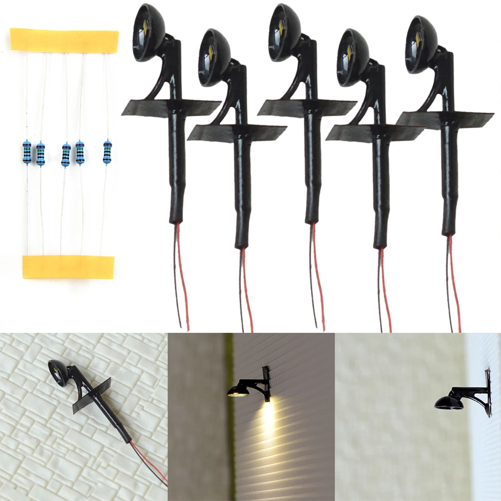 5Pcs OO / HO Scale Street Bracket Light Model Wall Lamp Posts LED Building Painted Light House DIY Garden Decoration