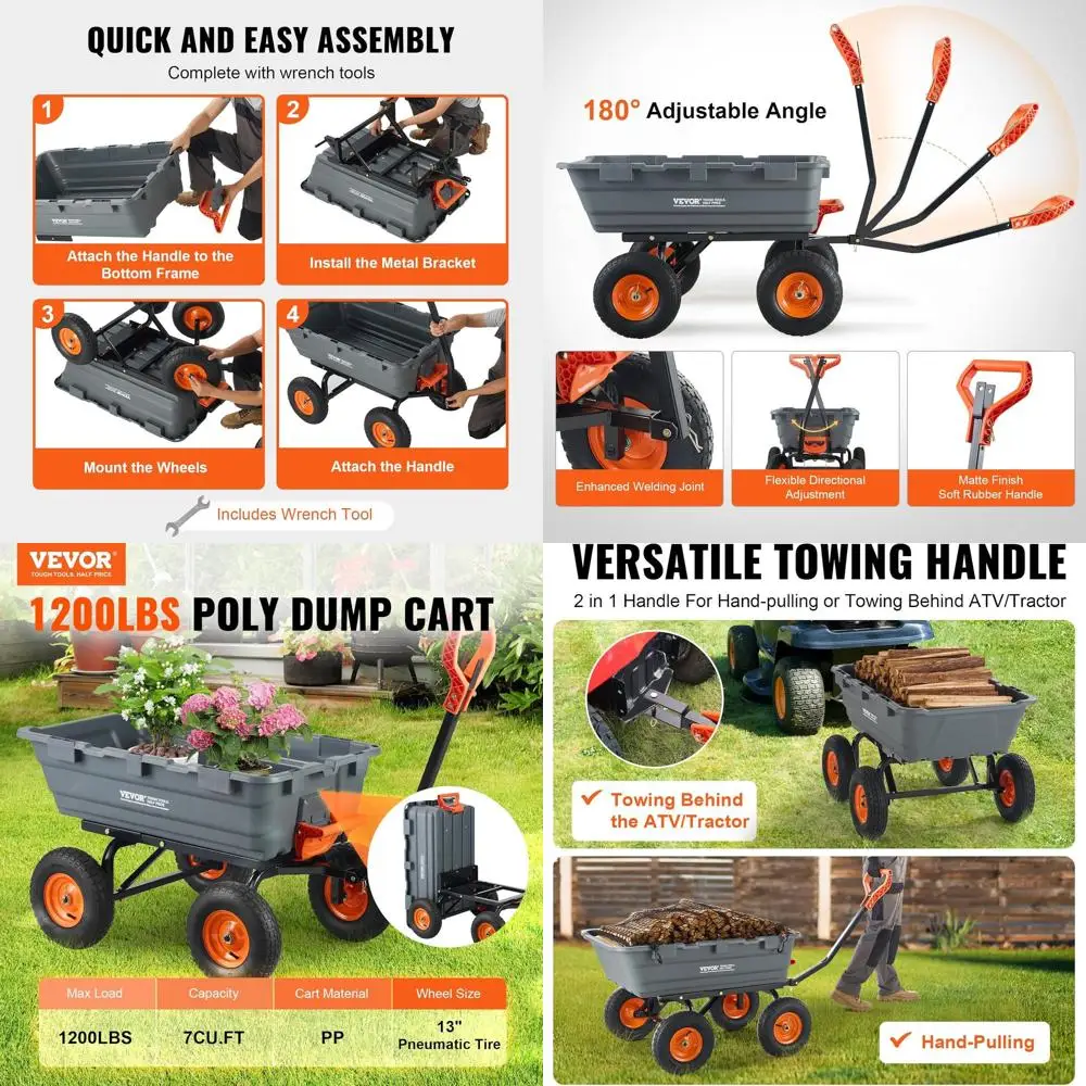 

Садовая тележка-самосвал емкостью 1200 фунтов, 7 кубических футов, с ручкой 2-в-1 и 13 вездеходными колесами для дворовой техники и газонокосилки.