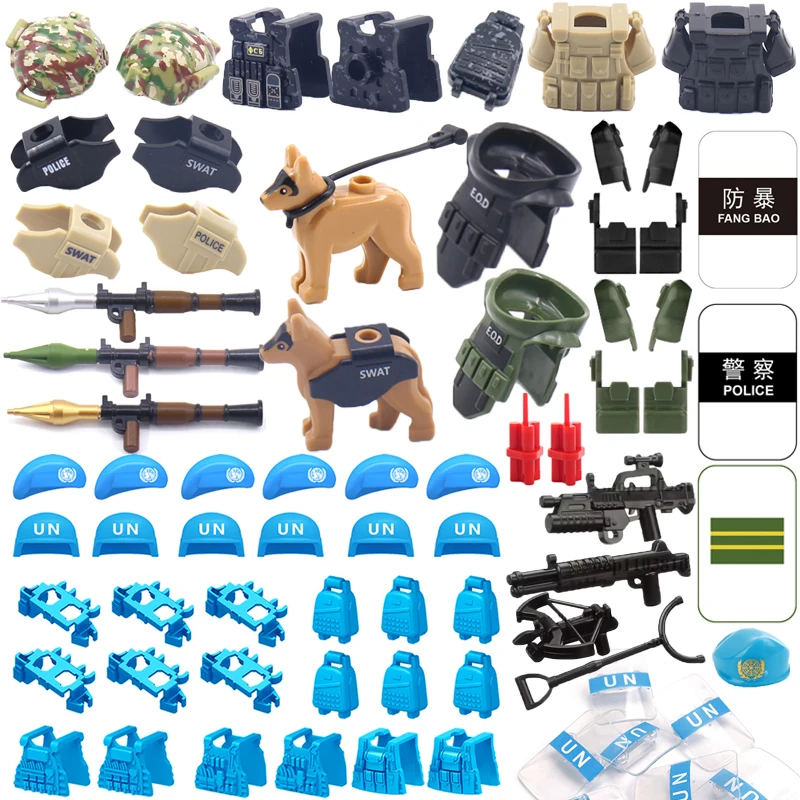 SWAT Special Forces Building Blocks Demolition Suit UNPKF Beret Vest Shield Weapon Box Gun Rocket Launcher Police Dog Bricks Toy