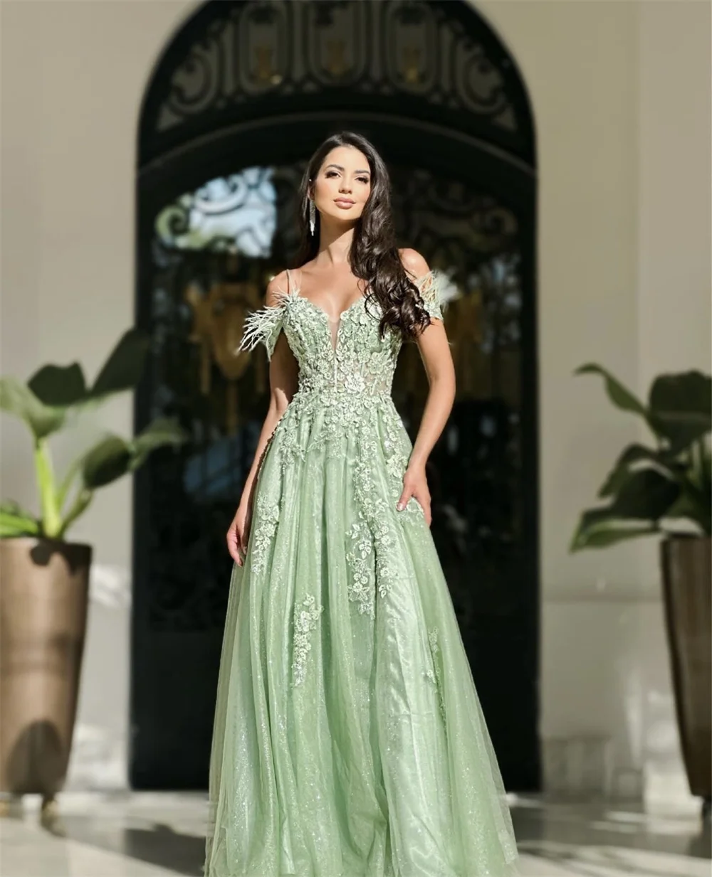 Amanda Princess Green Side Split Prom Dresses 3D Flower Lace Embroidery Tulle Evening Dress Feather Shoulder Vestidos De Fiesta