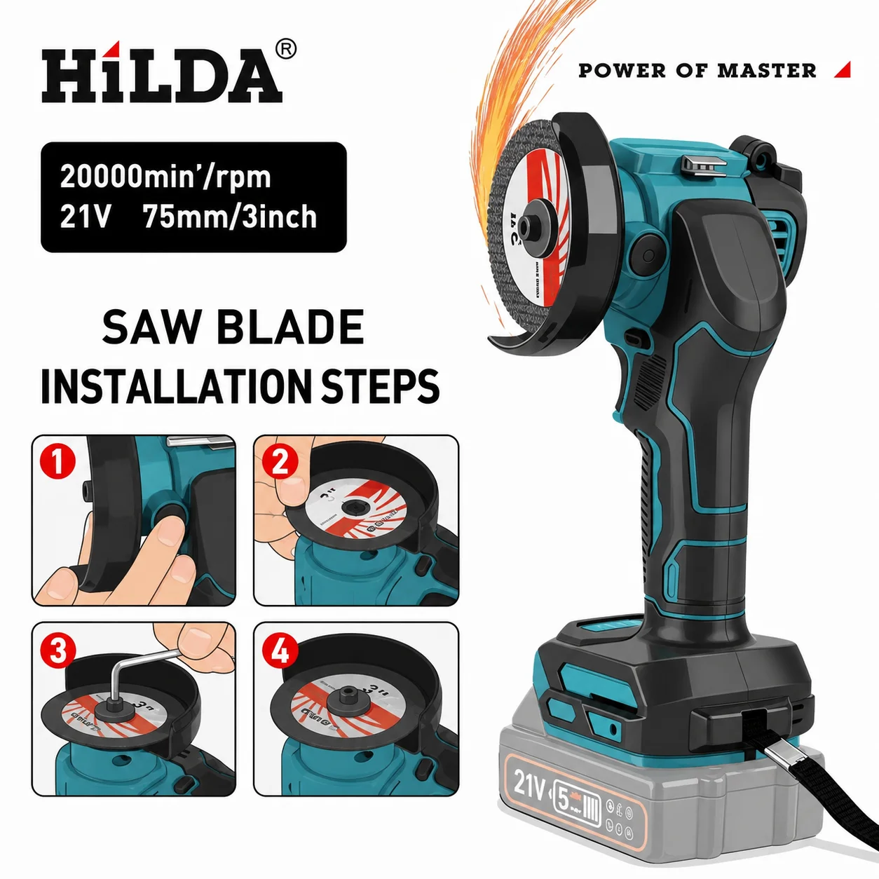 HILDA 3 Inch Cordless Mini Angle Grinder 20000RPM Portable Electric Grinder Wood Cutting Polishing Grinding for Makita Battery