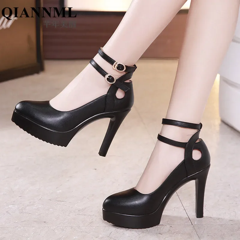 11cm Small Size 32-43 Ankle Buckle Platform Pumps Women Fall 2024 Stilettos High Heels Shoes Soft Leather for Office Model Party