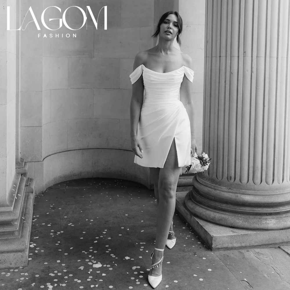 Lagom Vintage Off‑the‑Shoulder White Satin Ruched Bodice High Slit Photoshoot Short Wedding Dress Vestido De Novia Customized