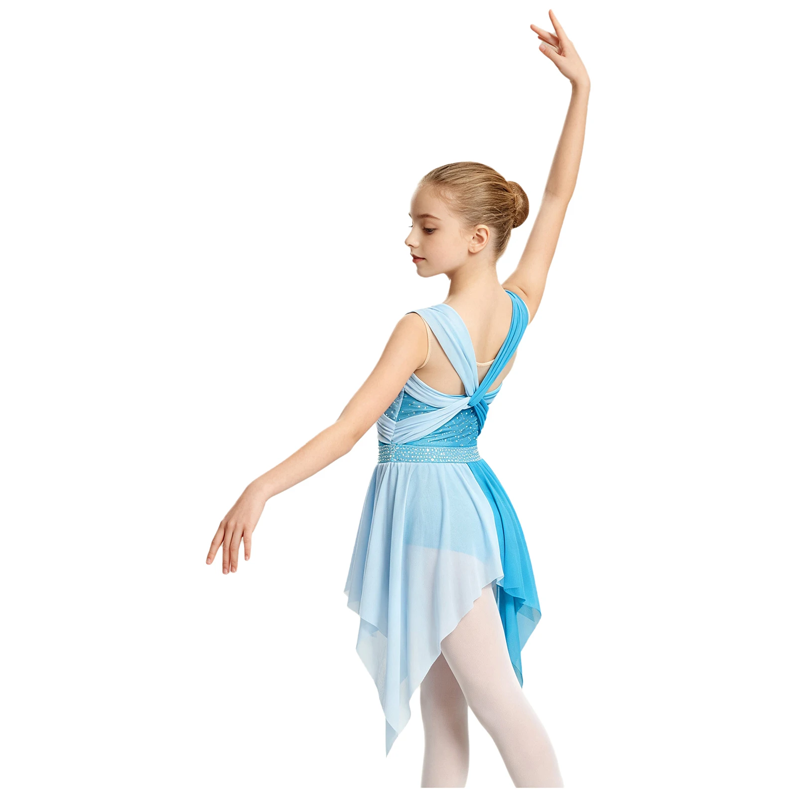Kids Girls Lyrical Dance Dress Sleeveless Ruched Twisted Knot Mesh Shiny Rhinestone Dresses Ballet Skating Gymnastics Leotard