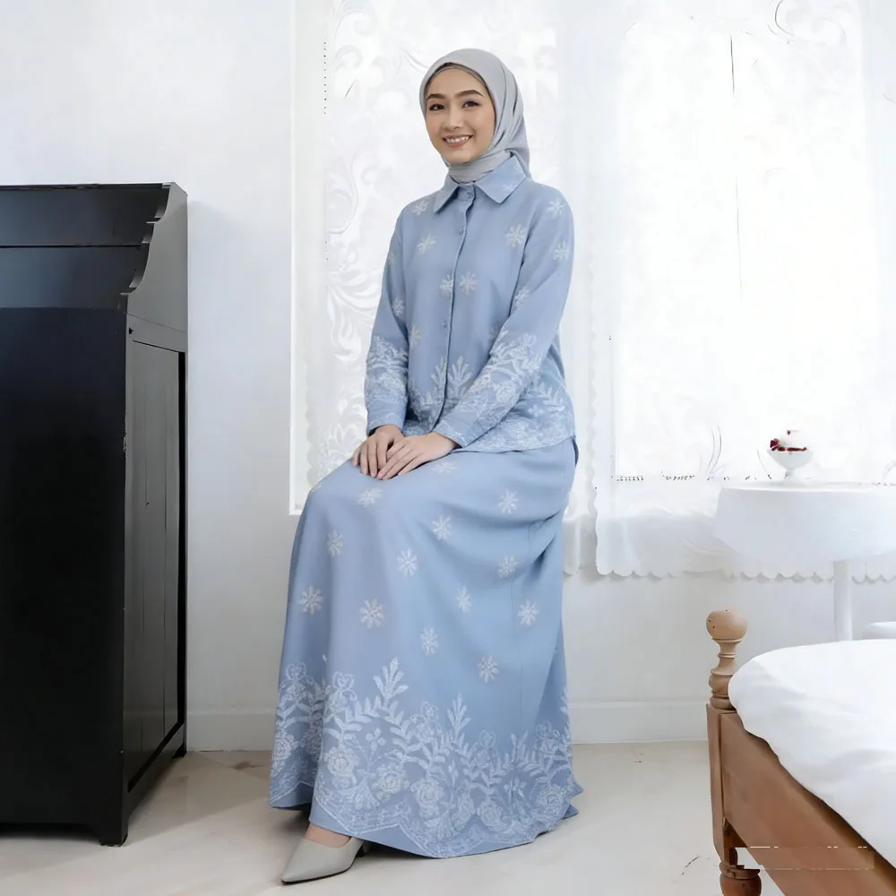 Conjunto de dos piezas bordado modesto para mujer musulmana, camisa, falda oscilante, traje de Dubái Abaya, ropa islámica Eid modesta, trajes de fiesta