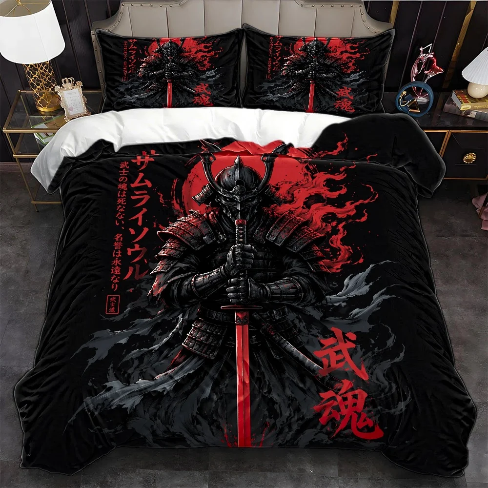 Japanese Samurai Duvet Cover Set 3Pc Dark Bushido Style Bedding Large Double Machine Washable High Thread Count for Bedroom Dorm