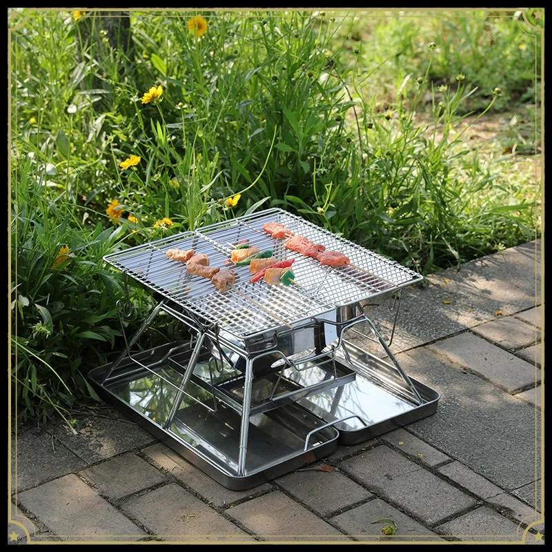 Foldable Stainless Steel Camping Grill, Portable Fire Pit for Outdoor BBQ, Wood Burning Stove Barbecue Rack for Picnic
