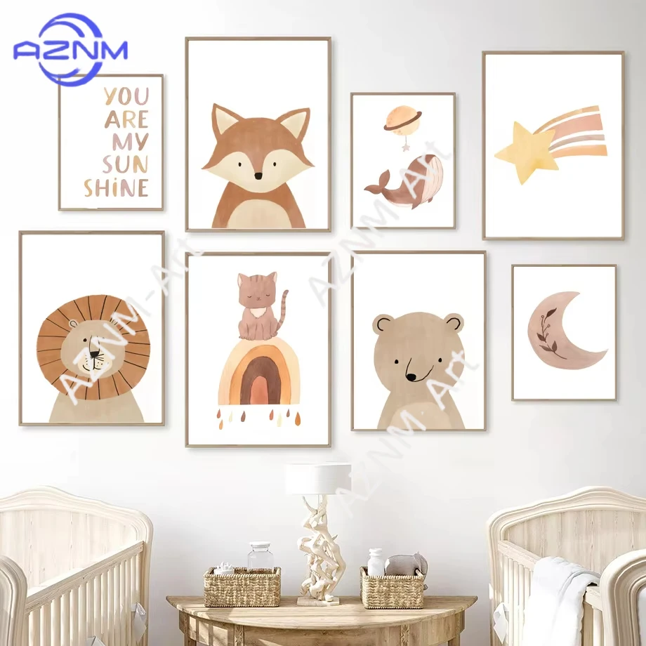 Póster de Pared Nórdico Boho con León, Zorro, Oso, Arcoíris, Nubes, Estrella y Luna, Impresión Artística en Lienzo, Cuadros Decorativos para Habitación de Bebé