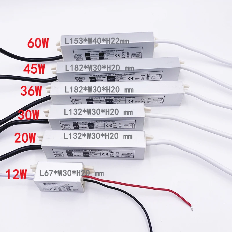 DC12V LED IP67 Driver Power Supply 220V Switching LED Driver Lighting Transformer 12W 20W 30W 36W 45W 60W For LED Light