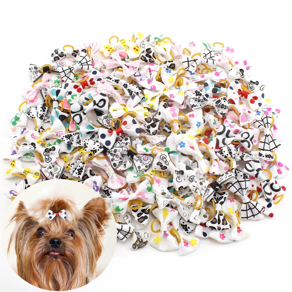 10/20/30Pcs Dog Grooming Hair Bows Mix Printing Colours Small Dogs Accessories Puppies Hair Rubber Bands Pet Headwear Bow White