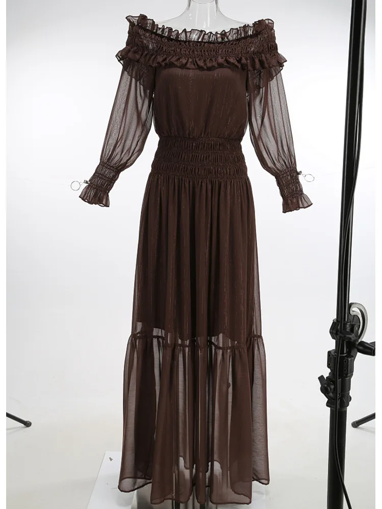 

Women Off Shoulder Ruffle Maxi Dress Elastic Smocked Waist Puff Long Sleeve Tiered Mesh Flowy Boho Vacation Party Dress