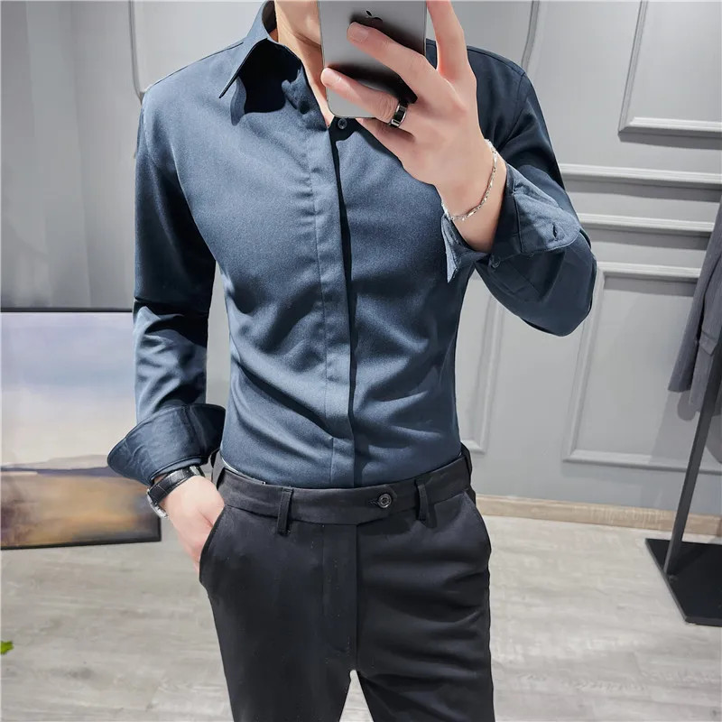 British Style Autumn Solid Shirt for Men Pointed Collar Long Sleeved Casual Shirts Fashion Business Formal Dress Shirts M-4XL