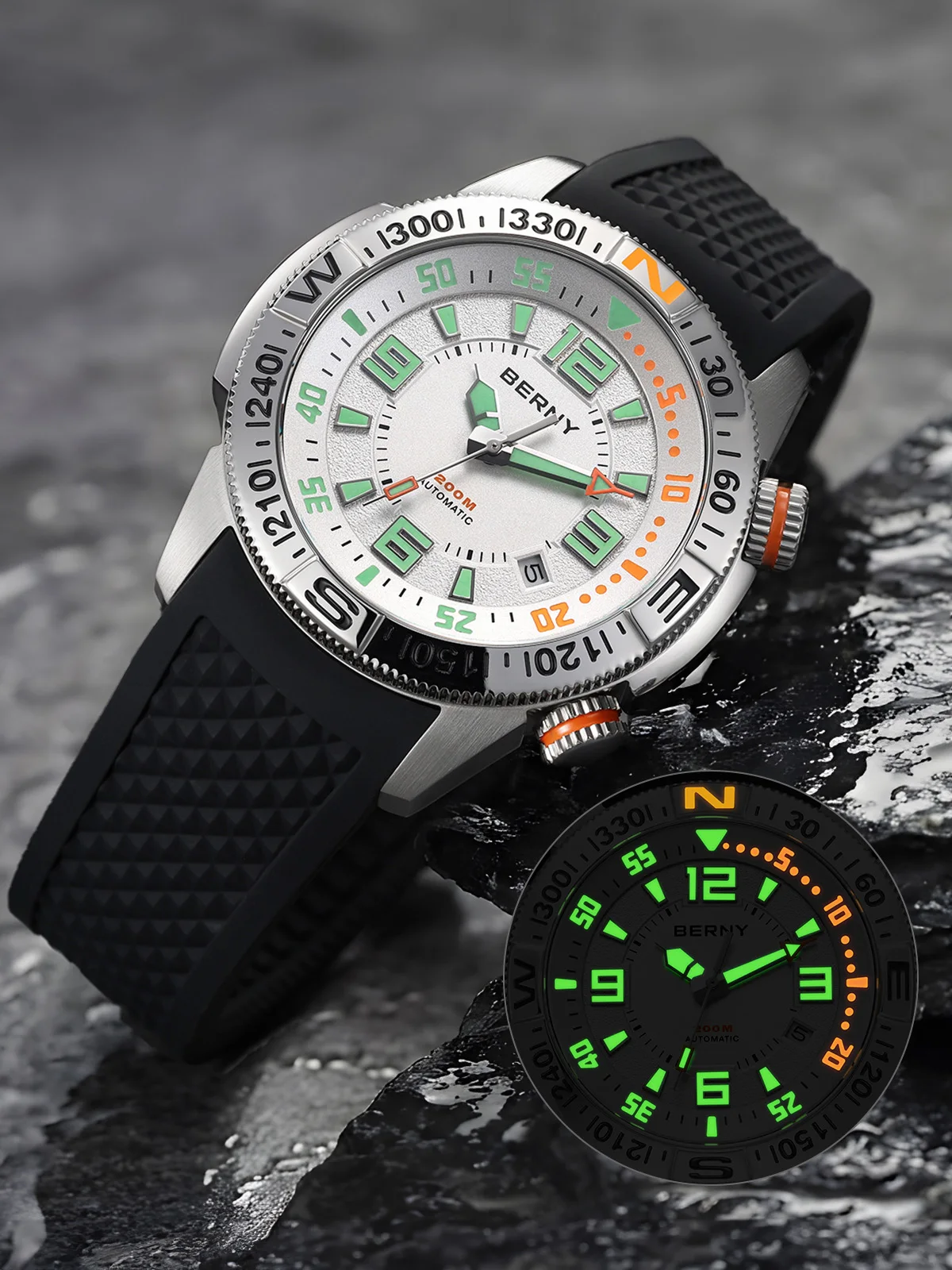 BERNY Herren-Taucheruhren, superleuchtend, 200 m wasserdicht, automatische mechanische Taucheruhr, Kalender, Saphirglas, Schwimmen, Outdoor-Sport