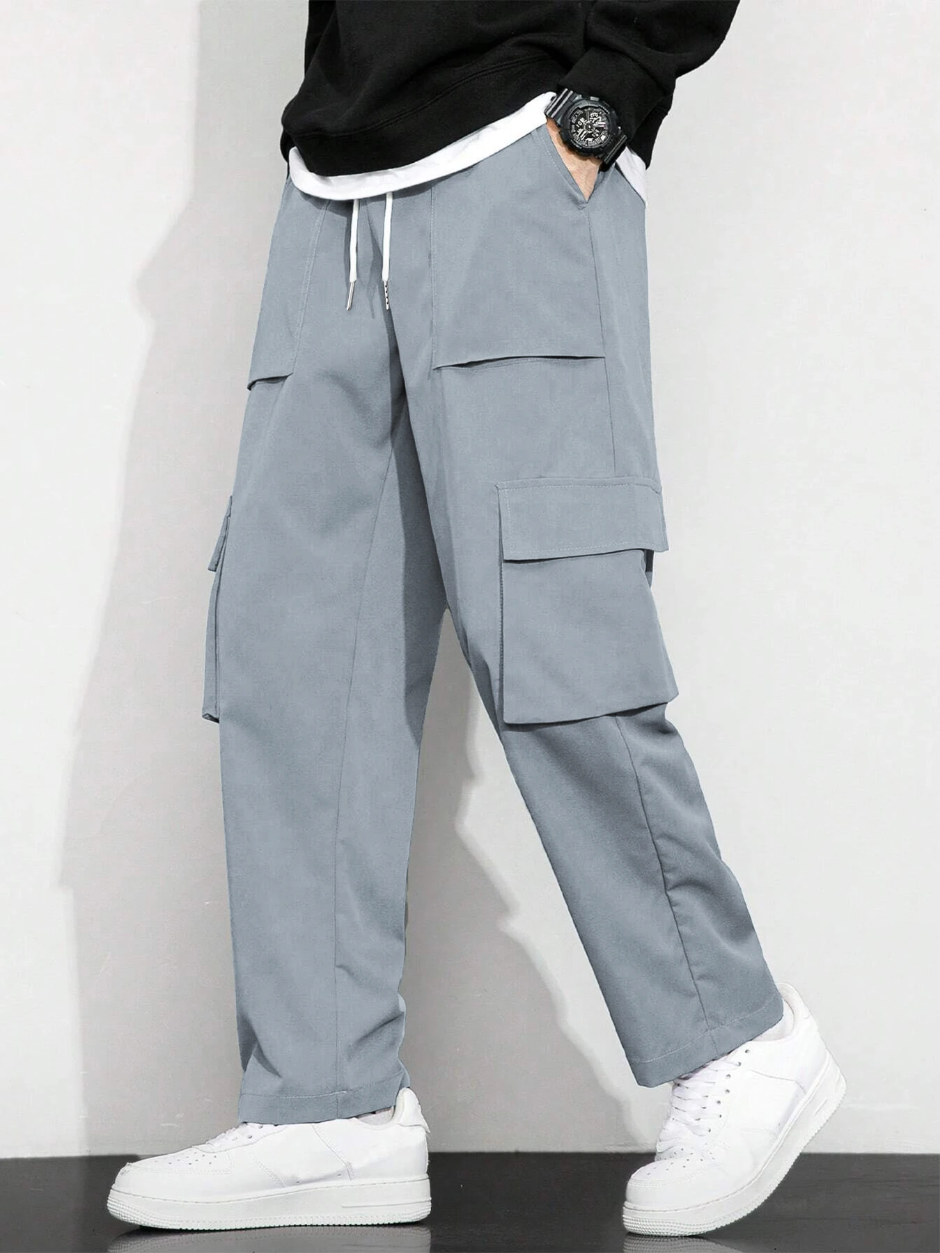 

Men's new solid color drawstring waist multi pocket work pants, trendy and fashionable sports casual work pants