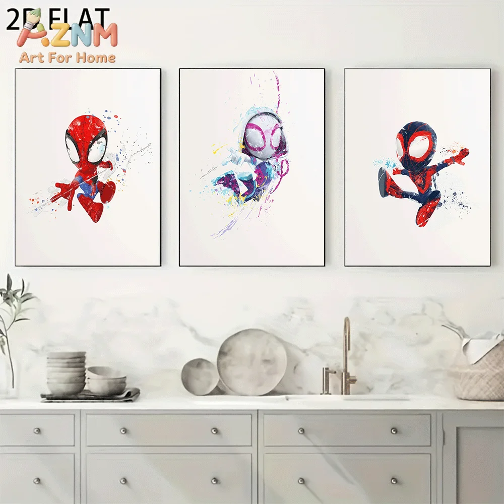AZNM Watercolor Splash Chibi Spider-Verse Characters Canvas Wall Art Frameless Poster Cute Cartoon Superhero Print Home Decor fo