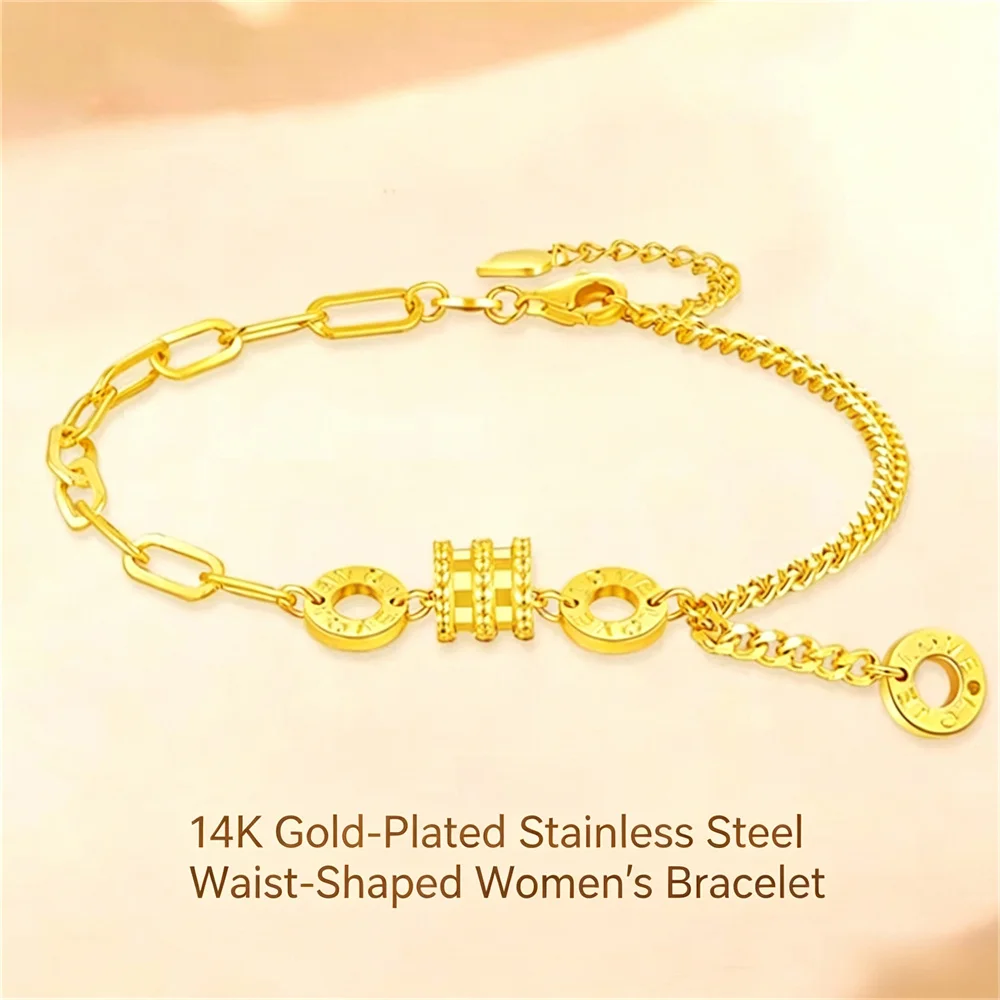 Women's 14K Gold Plated Stainless Steel Waist Bead Bracelet Paperclip Chain Fashion Charm Bracelet Jewelry Gift for Ladies