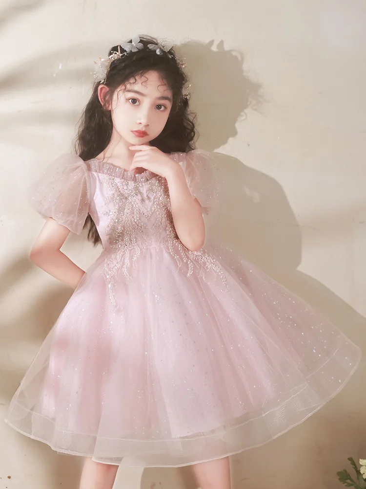 Girls Pink Short Princess Dress Summer Sweet Tulle Puff Sleeves Ruffle Collar Kids Evening Dresses Homecoming Banquet Ball Gowns