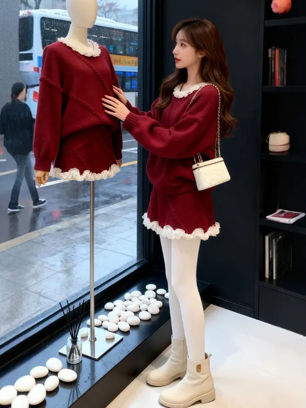 

Комплект из свитера и юбки в корейском стиле: зимний, комфортный, модный, приятный на ощупь, из двух предметов.