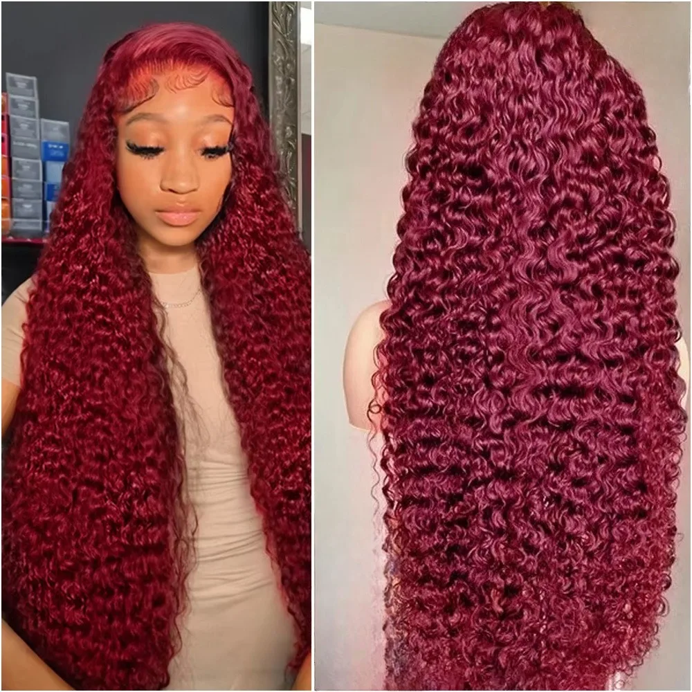 

38 Inch Deep Wave 99J Burgundy 13x4 Lace Frontal Wig Brazilian 100% Human Hair 13x6 200% Density HD Transparent Lace Front Wigs