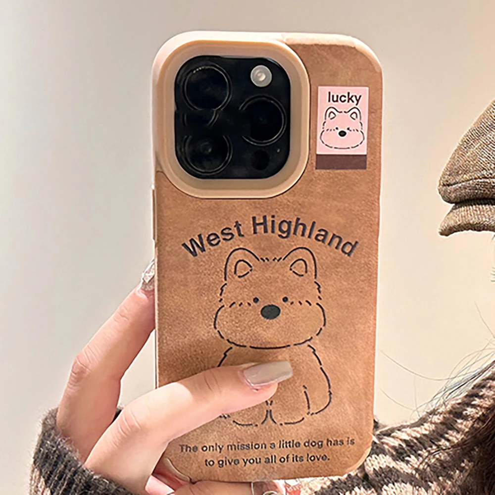 Autumn Winter Cute Plush West Highland puppy Chamois Phone Case For iPhone 16 15 14 13 11 12 Pro Max Lovely Cartoon Dog Cover