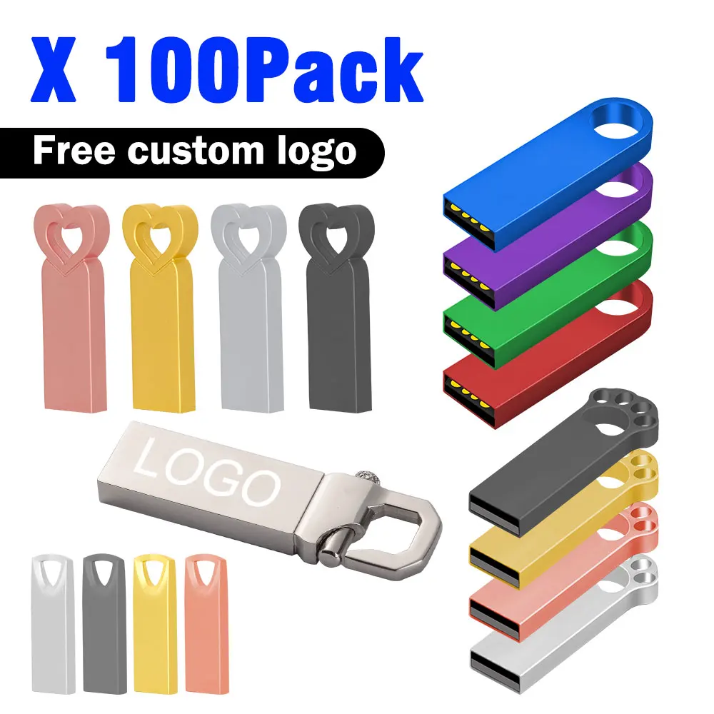

100PCS/lot Metal Pen Drive 64GB 32GB 16GB USB Flash Drive 8GB 4GB U Disk Key Stick 2GB 1GB 128MB 256MB Memory Pendrive Free Logo