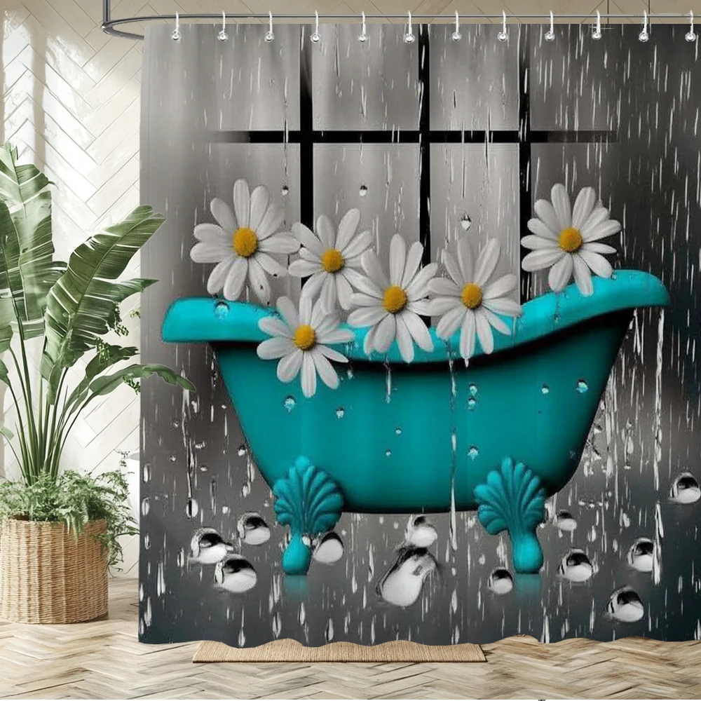 

Modern Bathtub Flowers Shower Curtain Printed Bathroom Curtains With Hooks Polyester Fabric Home Decor Curtain