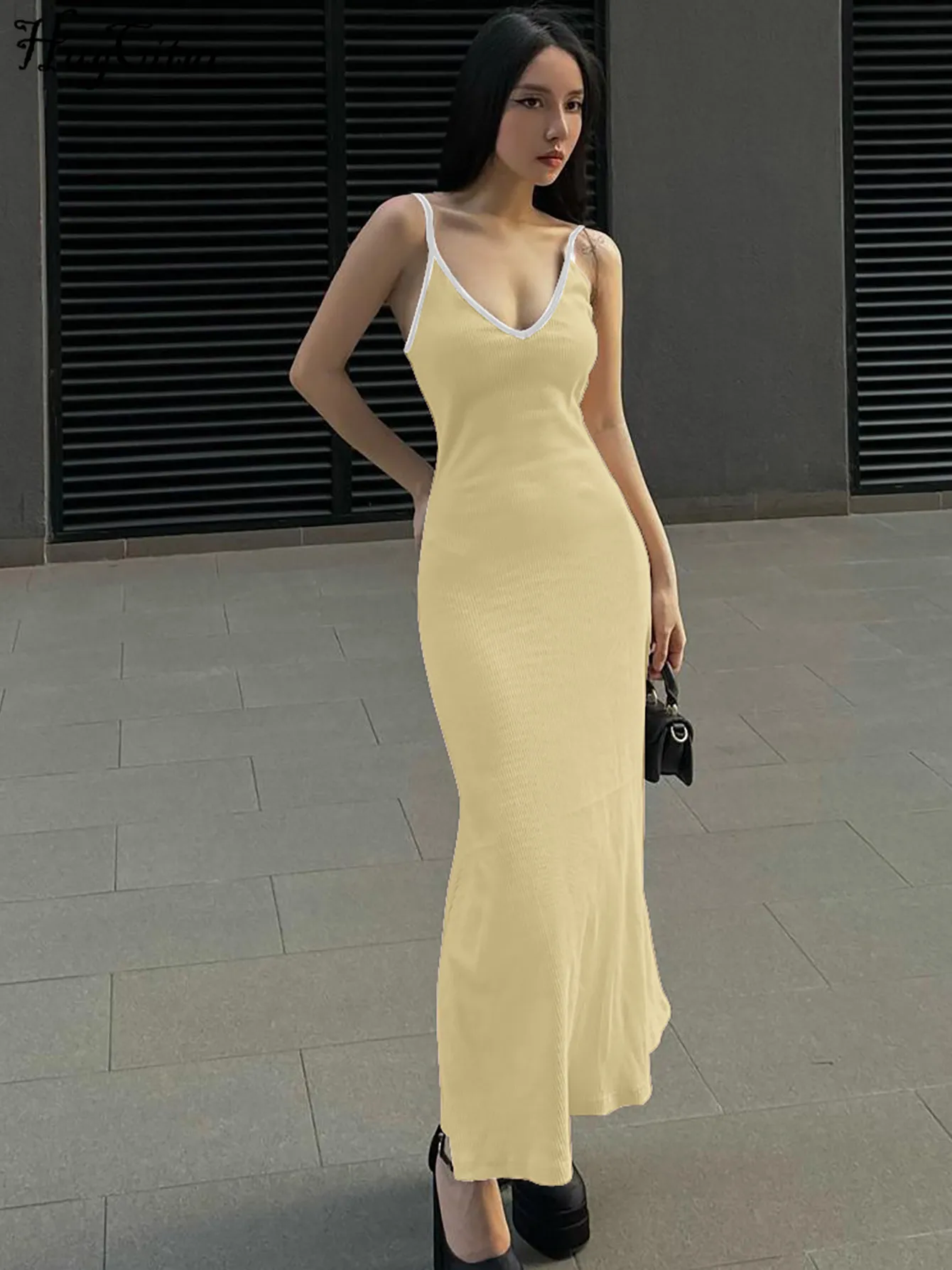 Hugcitar Ribbed Elegant Matching Color V Neck Slip Backless Sexy Slim Maxi Dress 2025 Spring Y2K Clothes Party Beach Festival
