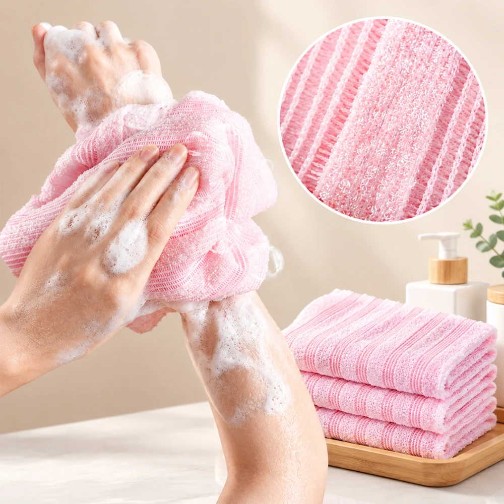Long Nylon Exfoliating Bath Towel Multi-color Body Scrub Wash Cloth Quick Dry Back Shower Towel for Deep Skin Cleaning Dead Skin