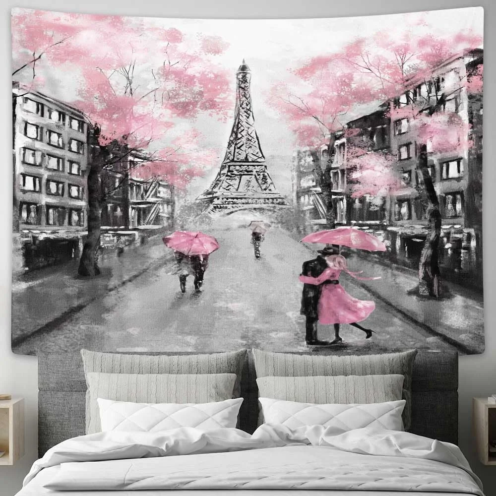 VIKAMA Wandbehang im romantischen Ölgemälde-Stil mit Eiffelturm und rosa Regenschirm, für die Dekoration von Wohnzimmer und Schlafzimmer