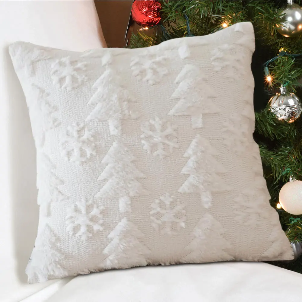 1Pack Christmas Tree Snowflake Throw Pillow Cover Shaggy Plush Pillowcase Sofa Cushion Cover Holiday Festivals Winter Home Decor