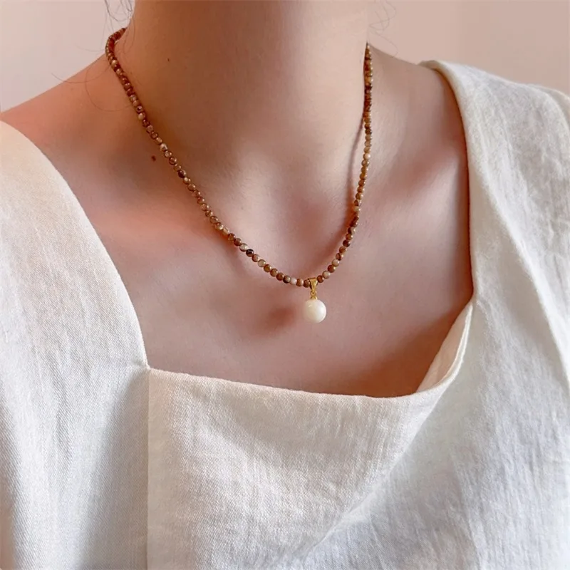 Minar Trendy Multicolor Natural Stone Shell Bamboo Joint Round Beads Beaded Necklace for Women Real Gold Silver Plated Chain