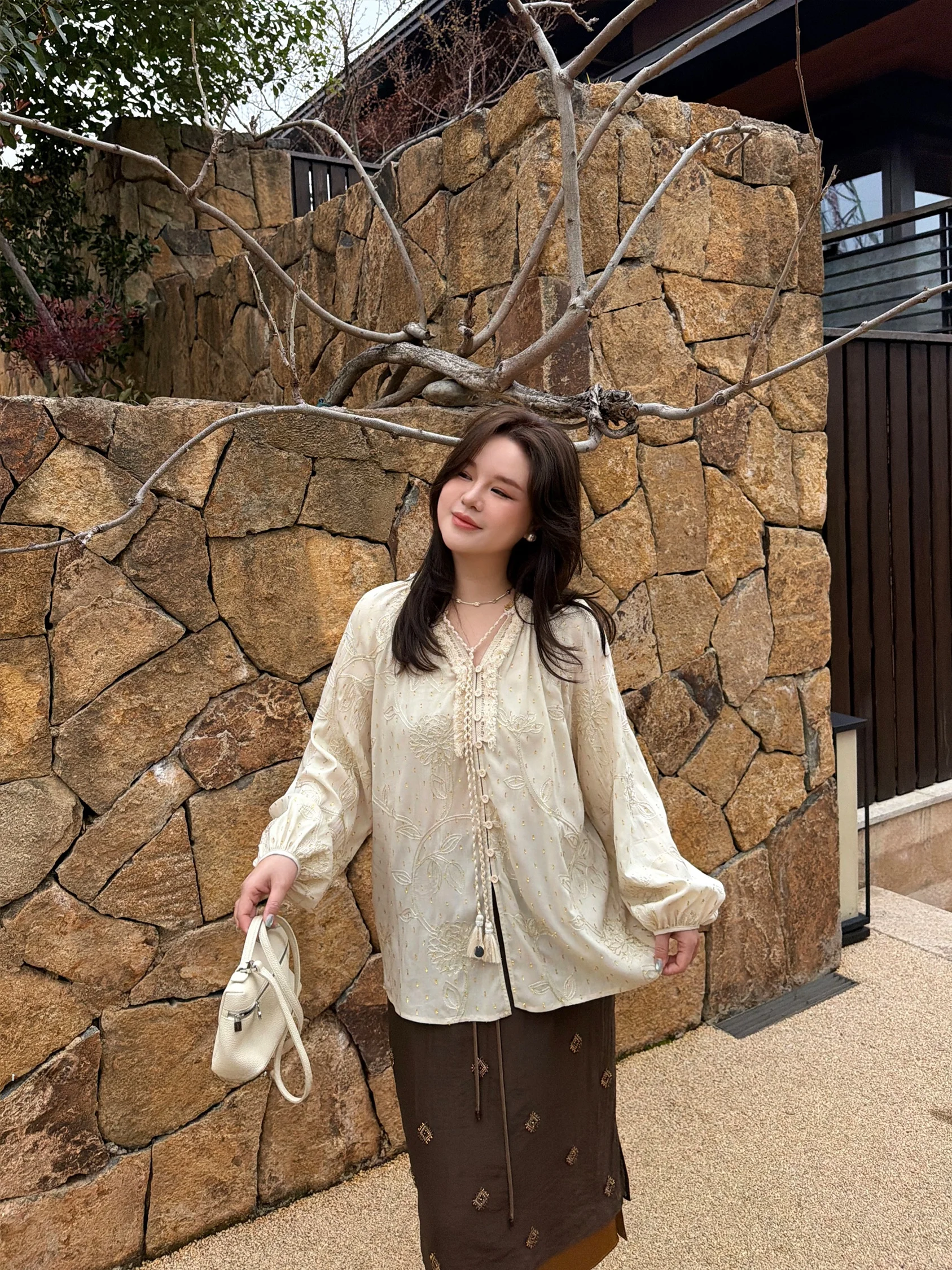 

JoJo Personal Collection plus Size Women's Slimming Floral Embroidery Tassel Buttoned Shirt Casual Loose Fit Long Sleeve