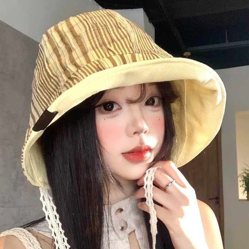 Japanese Fashion Check Strappy Bucket Hat Women's Summer Vacation Reversible on Both Sides with A Large Brim Sun Caps