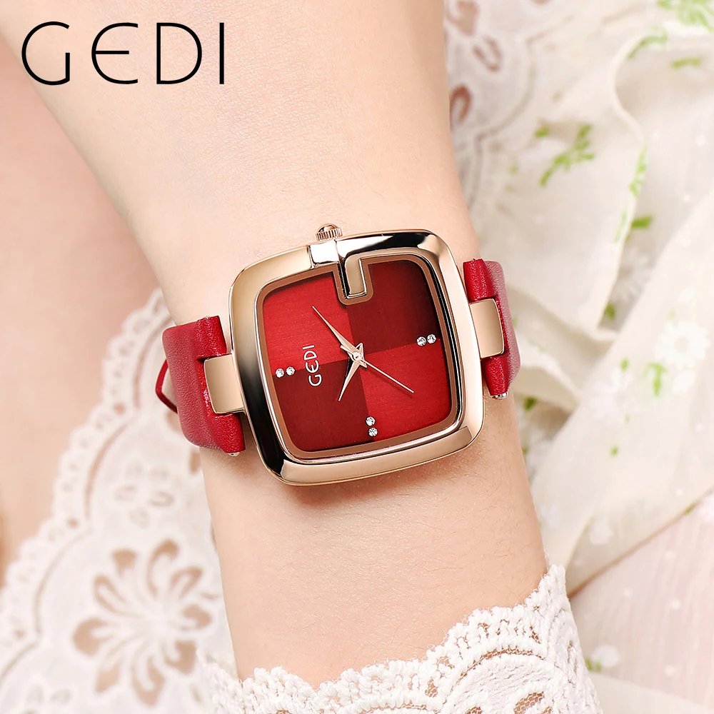 Gedi Fashin-女性用スクエア腕時計,ミニマリストクォーツ,耐水性,女性用,茶色のレザーストラップ,カジュアル,シンプル,女性用