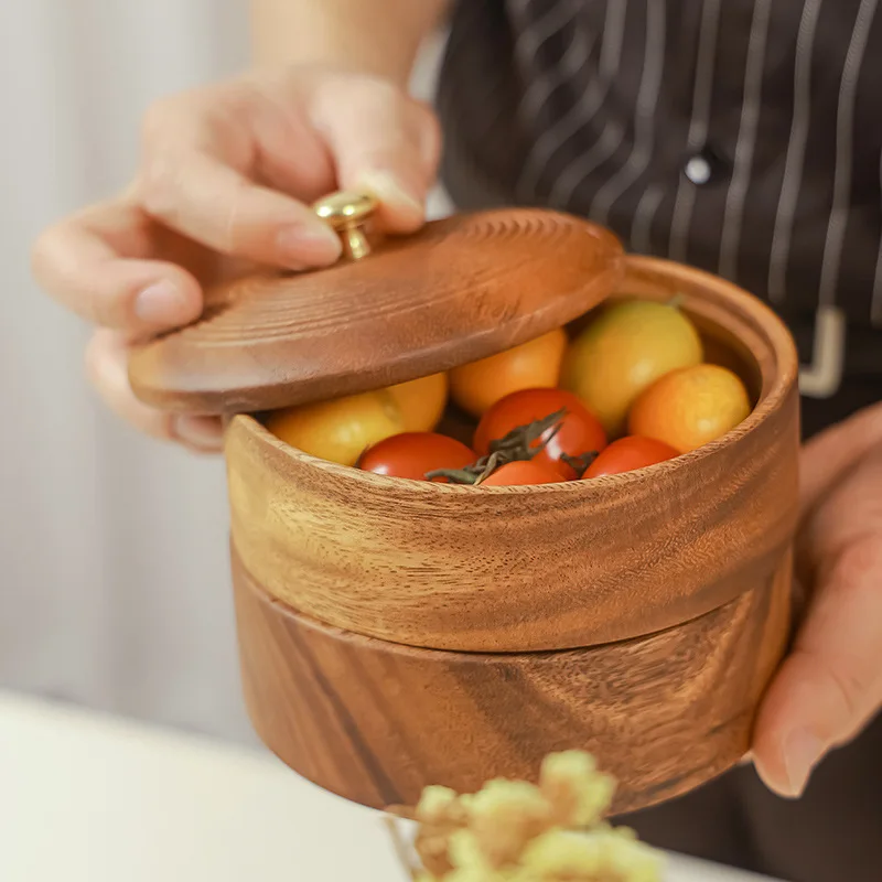 Walnut Double-layer Dried Fruit Tray with Wooden Lid Home Candy Acacia Storage Box Multi-layer Stackable