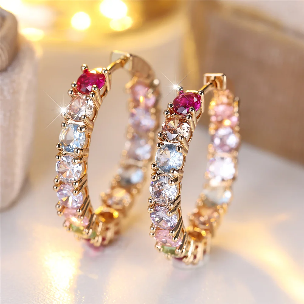 Crystal Pink Red Rainbow Zircon Stone Round Hoop Earrings Luxury Female Gold Color Wedding Jewelry For Women