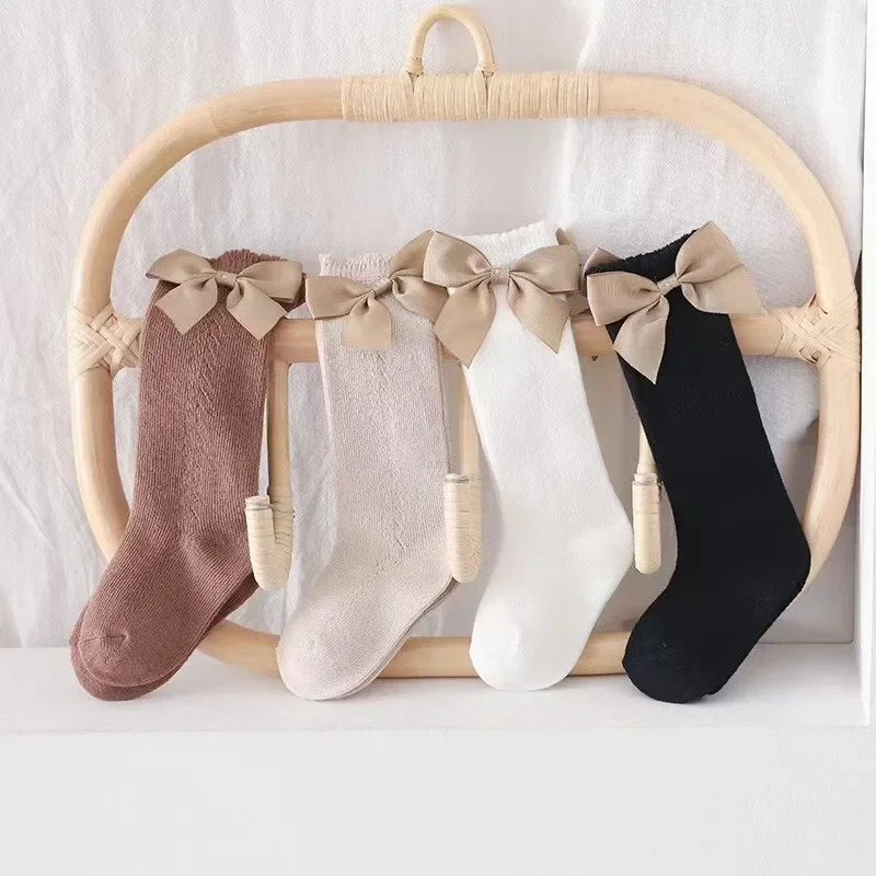 Toddler Baby Girls Knee Hight Stocking Cotton Socks 0-7Years Solid Color Bowknot Thin Spring Summer