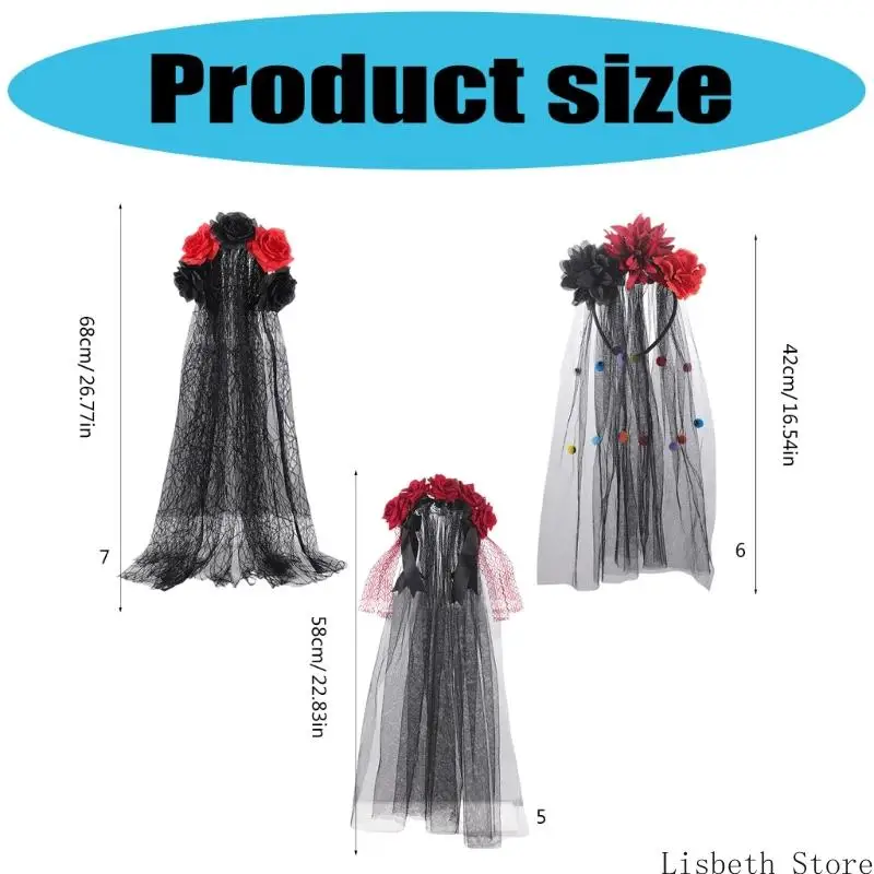 124A Rose Florals Crowns Veils Day of the Deads Headpiece Halloween Costume,Dia Los Muerto Sugar Skull Costume Headpiece