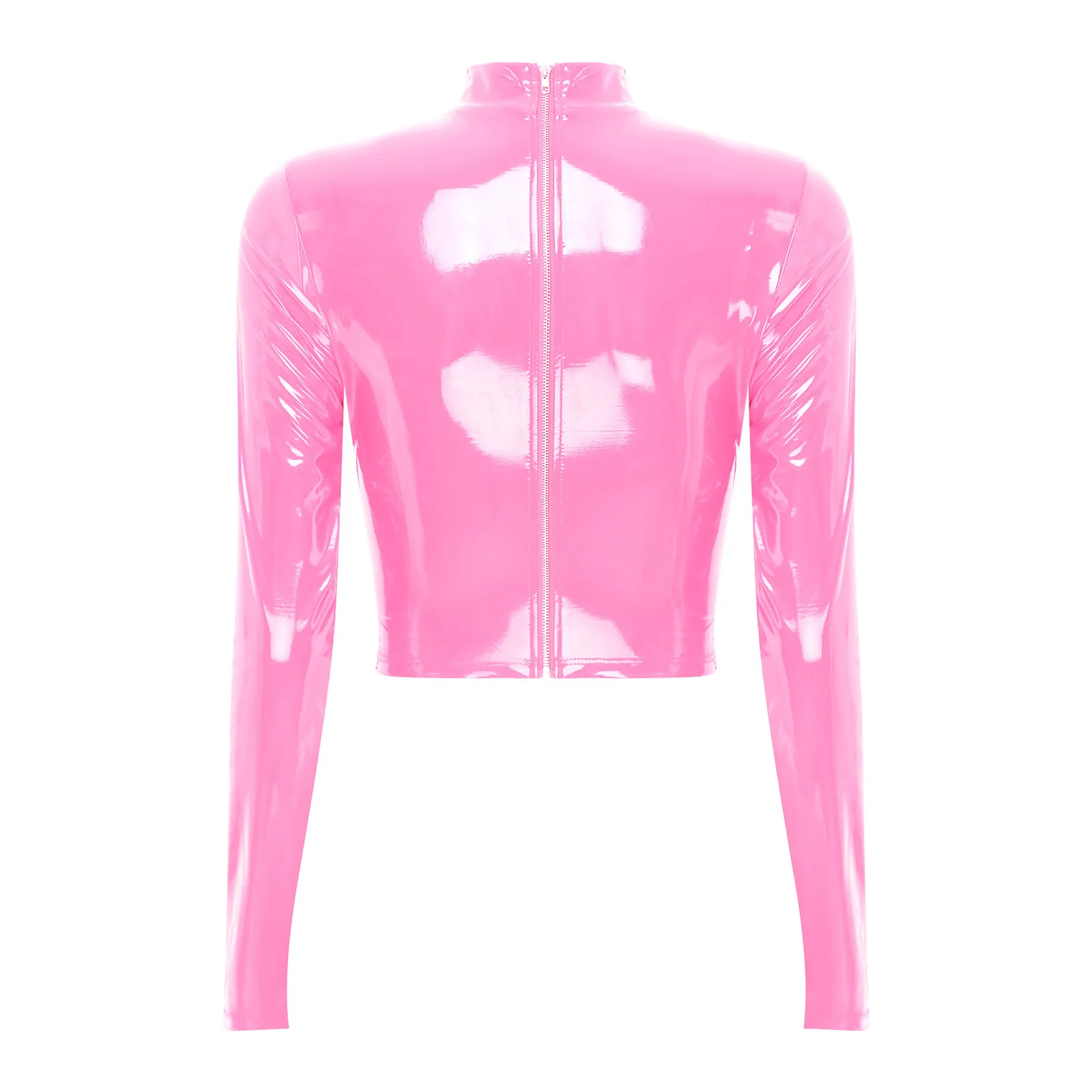 Womens Wet Look Patent Leather Back Zipper Cupless sexy Top Open Chest Nipple Crop Tops Glossy Mock Neck Long Sleeve Clubwear