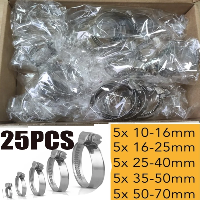 25pcs Stainless Steel Hose Pipe Clamps 16mm-70mm Cross Hose Clamp Clips for Air Hose Water Pipe Fuel Hose Clamp Bracket