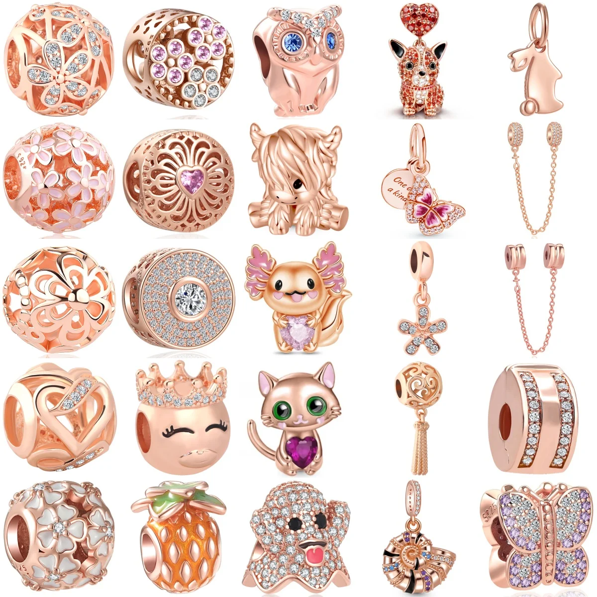 

New 925 Sterling Silver Rose Gold Owl Pineapple King Pendant Trinket Bead Fit Original Charms Bracelet Jewerly Accessories