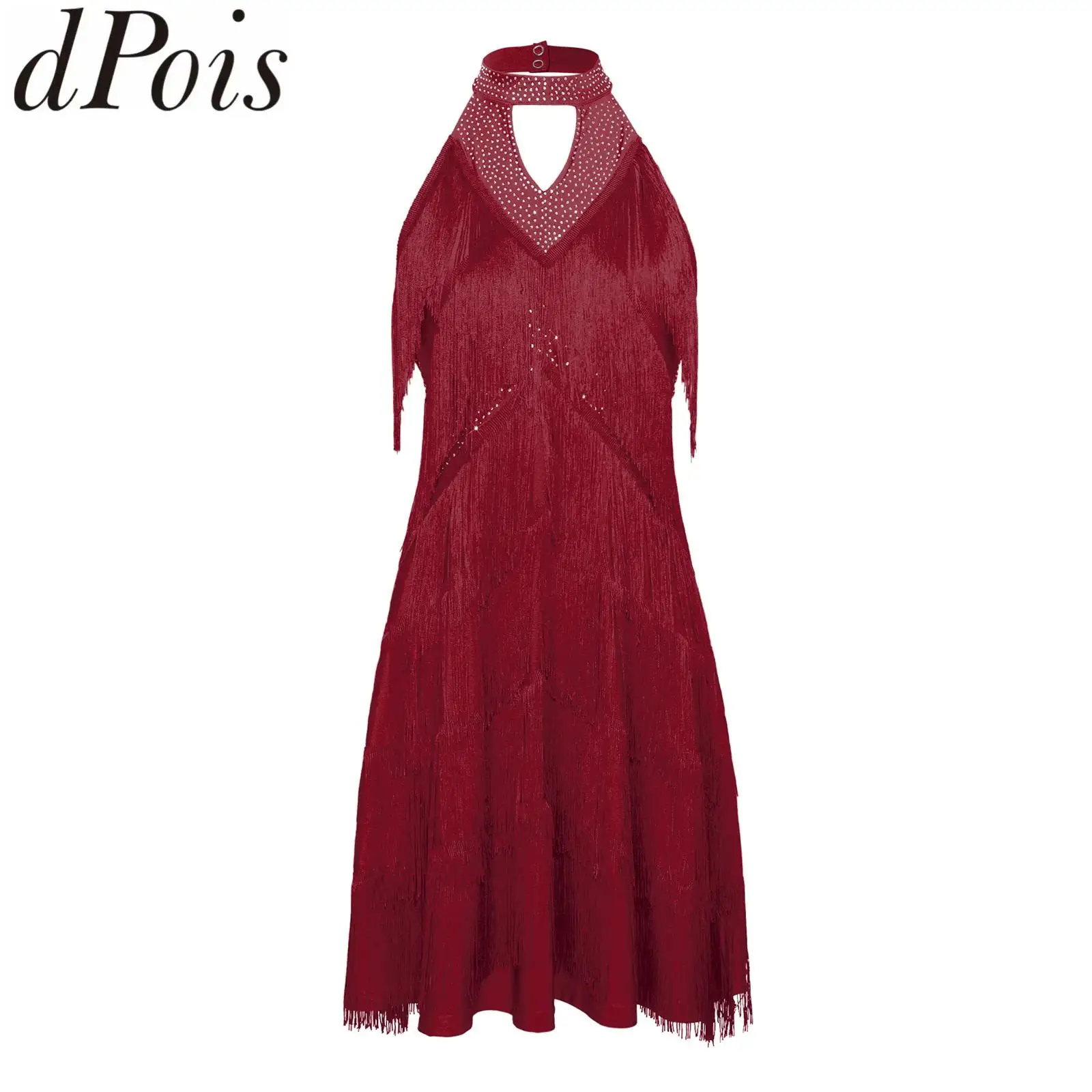 Vestidos de baile de jazz, latino, tango y tap para mujer, leotardos con borlas, trajes de cha-cha, flamenco y samba, vestido con pedrería, cuello halter y flecos escalonados