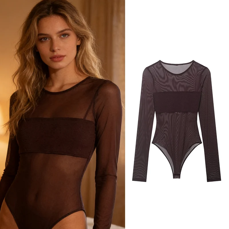 

Женские боди 2026: Новая модная коллекция Весна-Лето, с длинным рукавом, прозрачными сетчатыми вставками, шикарный топ для женщин с индивидуальным стилем