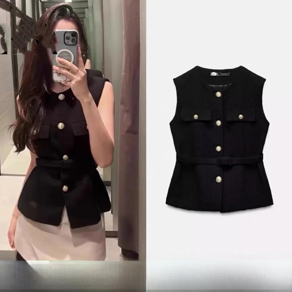

2025 Spring New Women's Texture Vest Belted Pearl Decorated Small Fragrance Style Commute Style Short Length Single Button